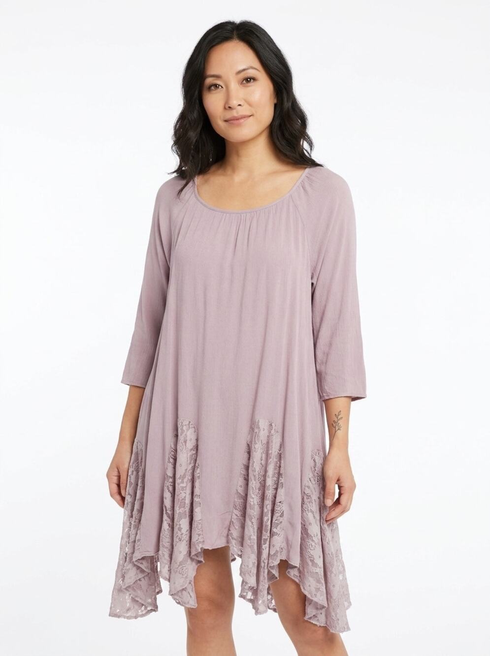 Indigo Soul Purple Lace Trim 3/4 Sleeve Tunic Dress Women Size L